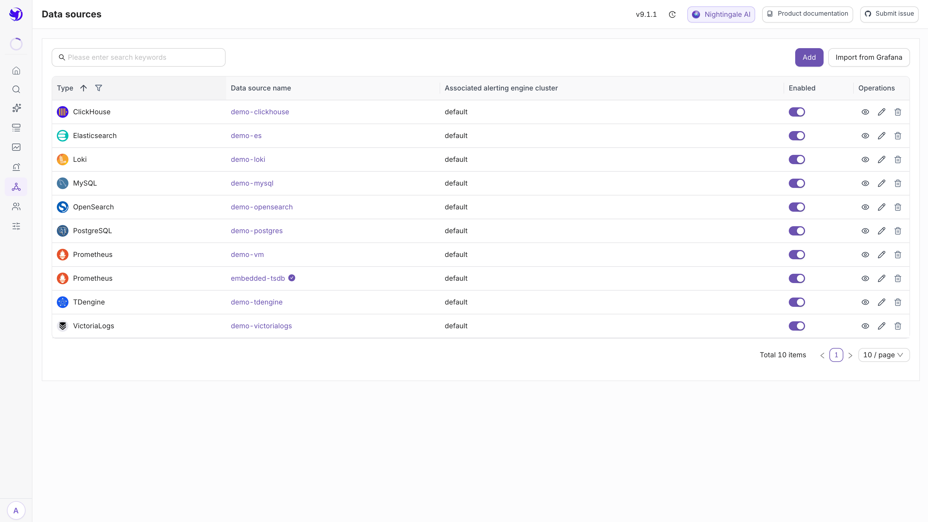 The data source list, with embedded-tsdb at the top