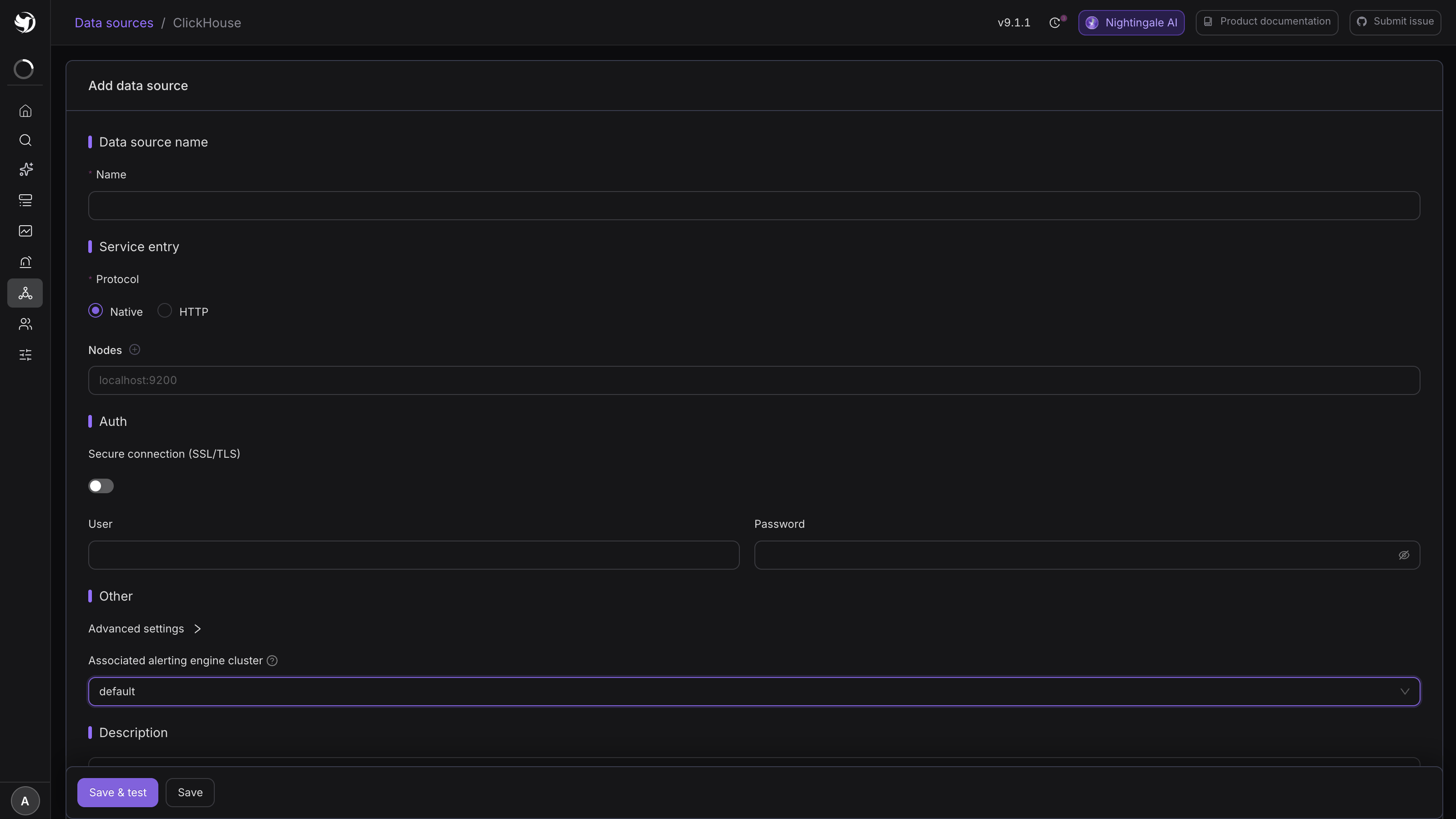 The ClickHouse data source form