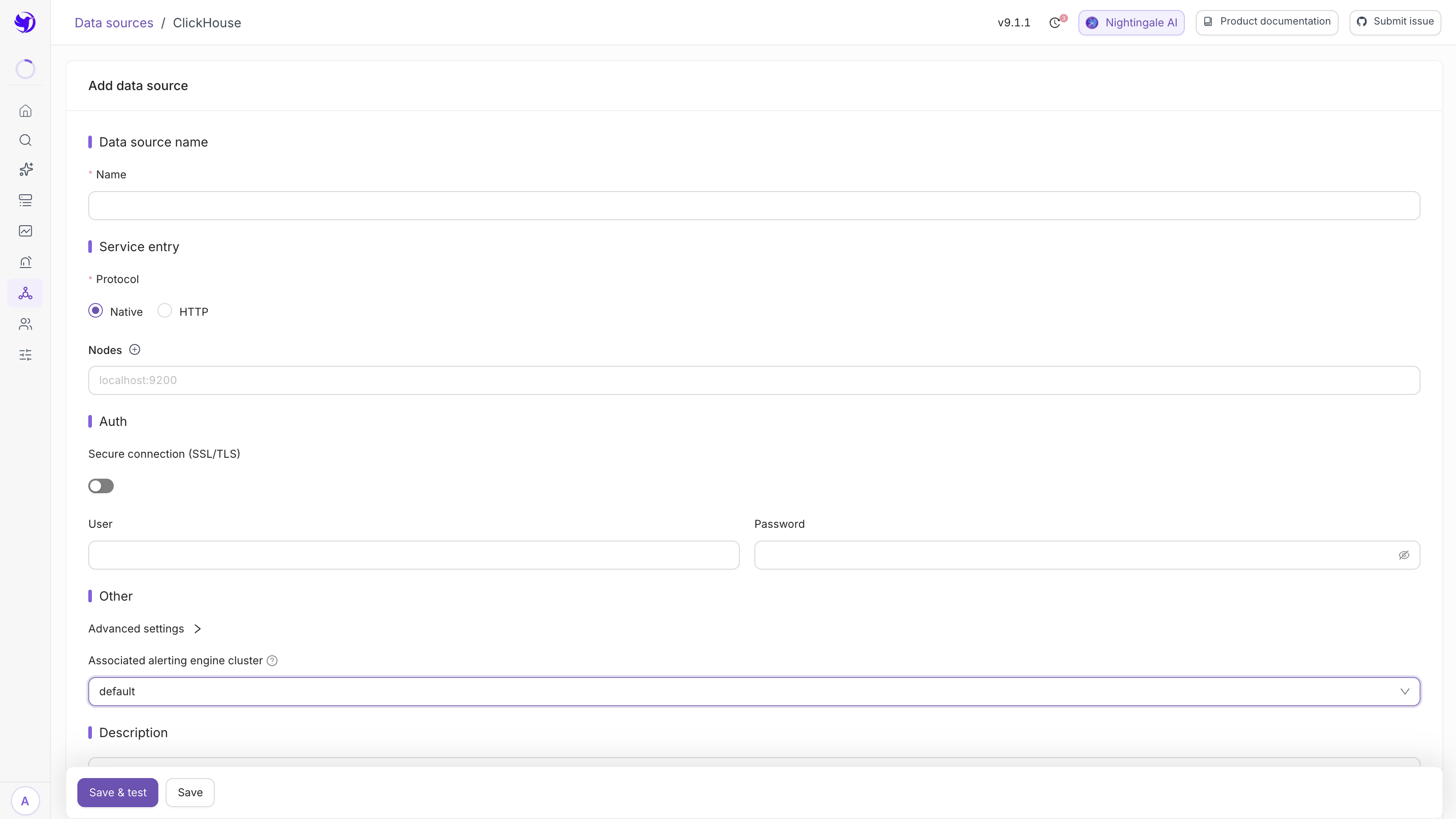 The ClickHouse data source form