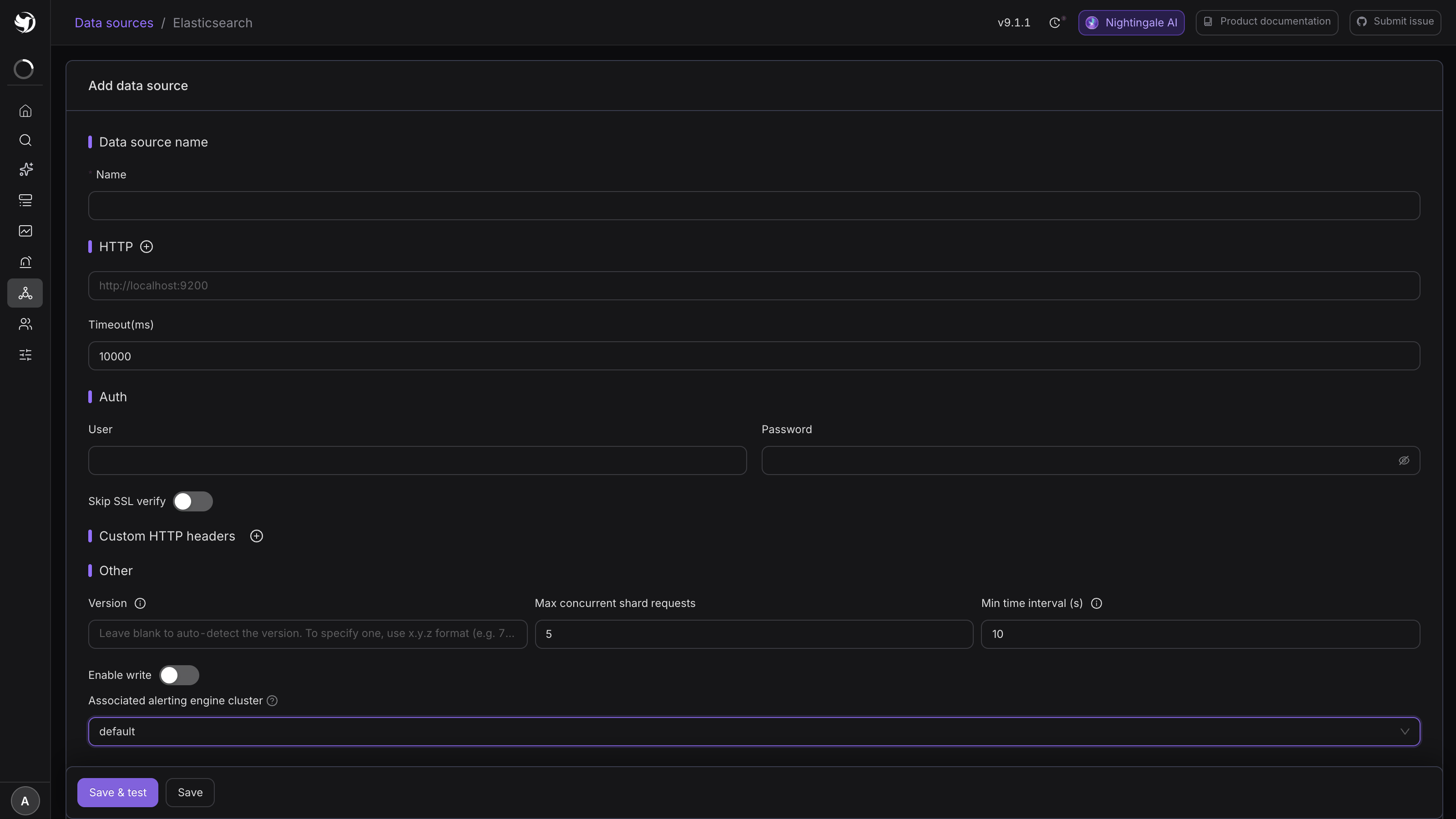The Elasticsearch data source form
