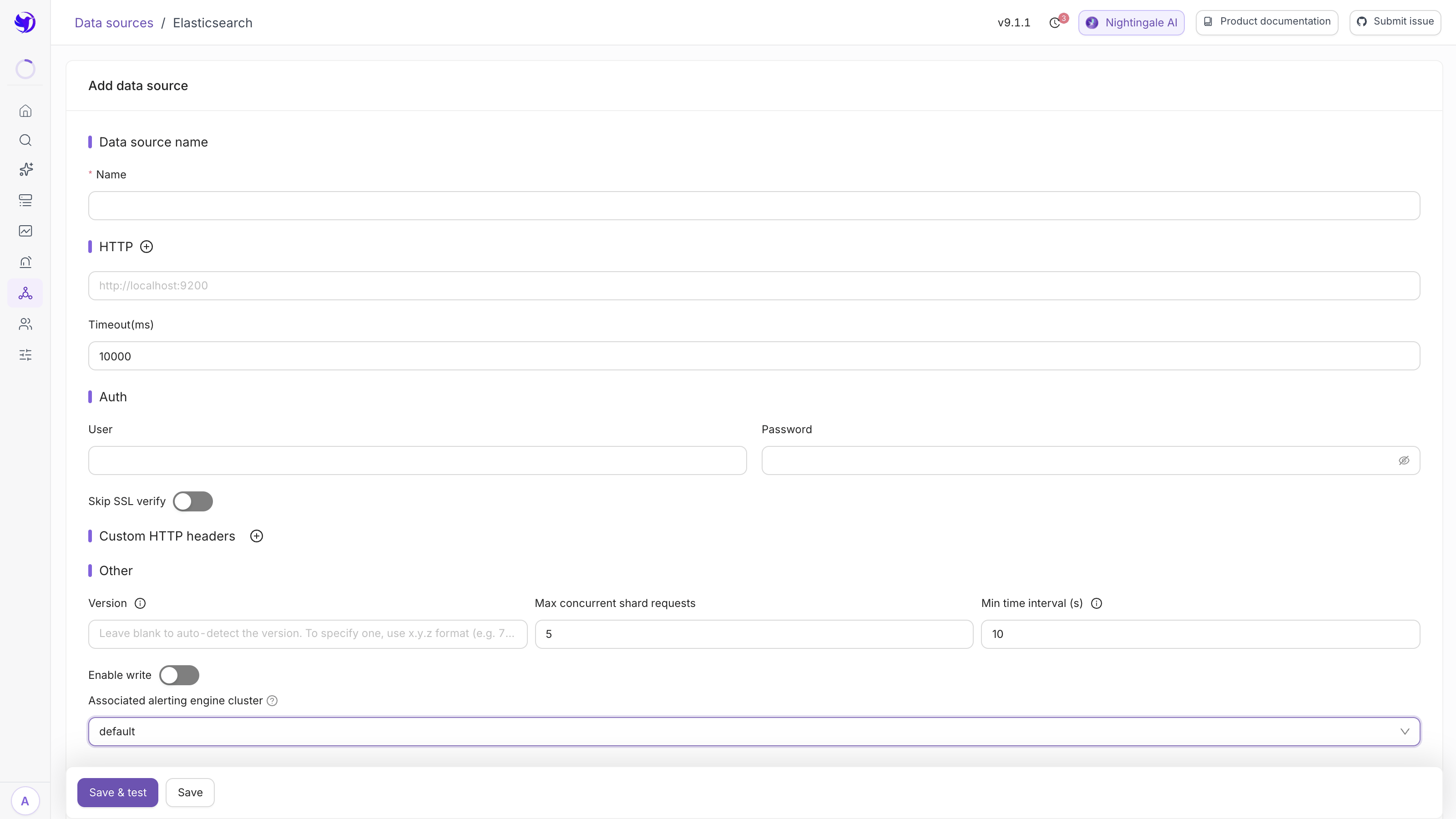 The Elasticsearch data source form