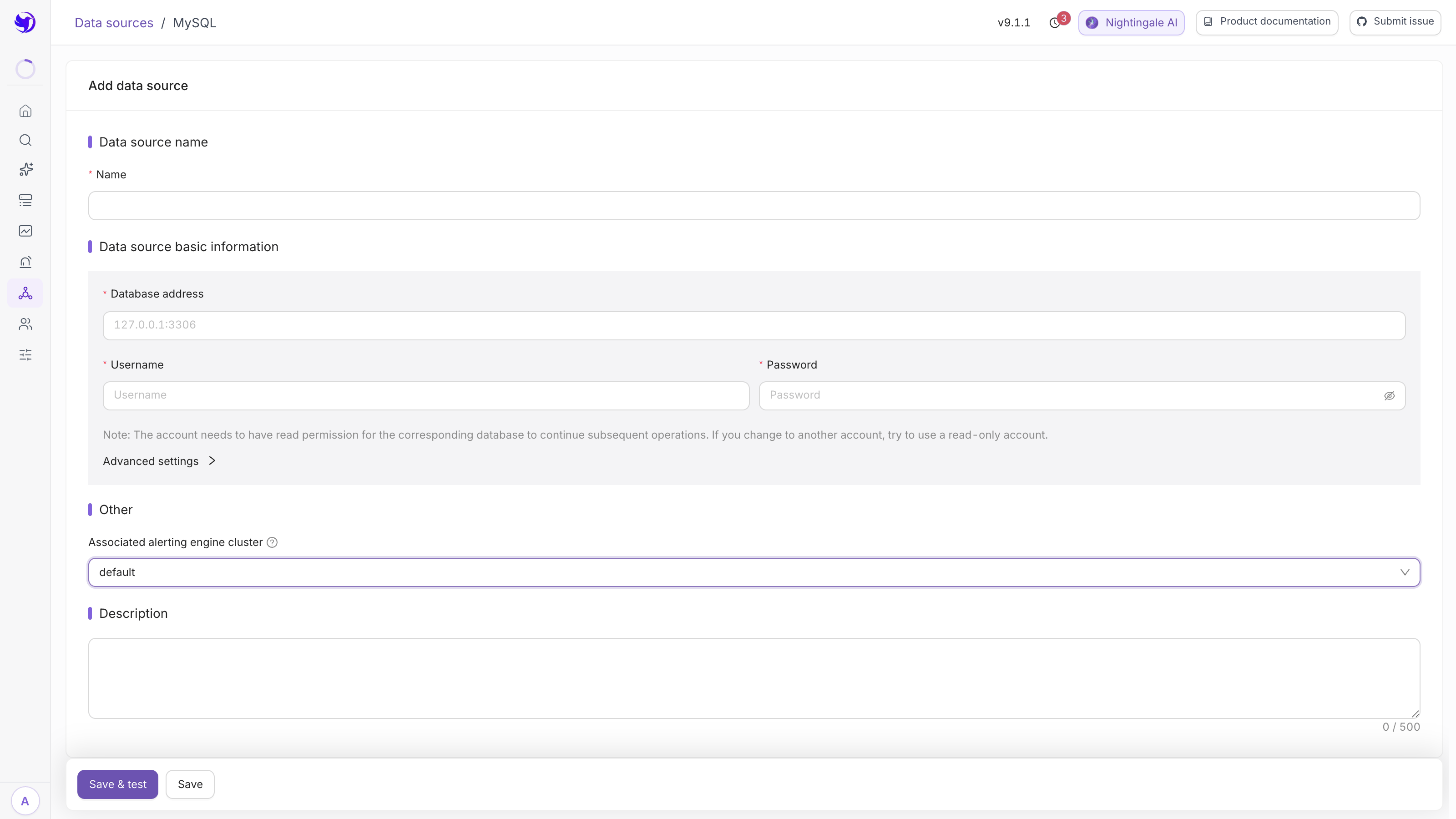 The MySQL data source form