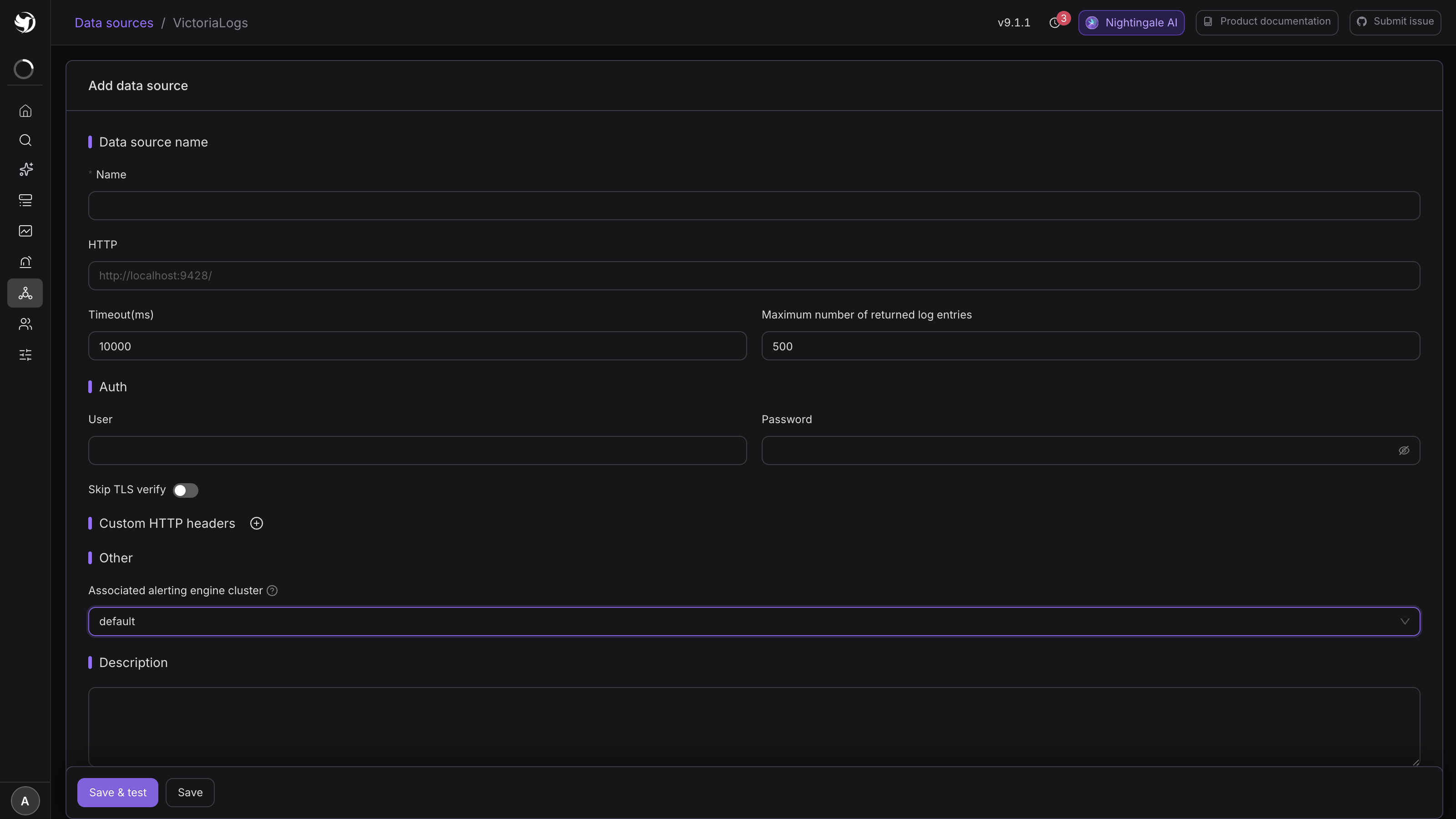 The VictoriaLogs data source form