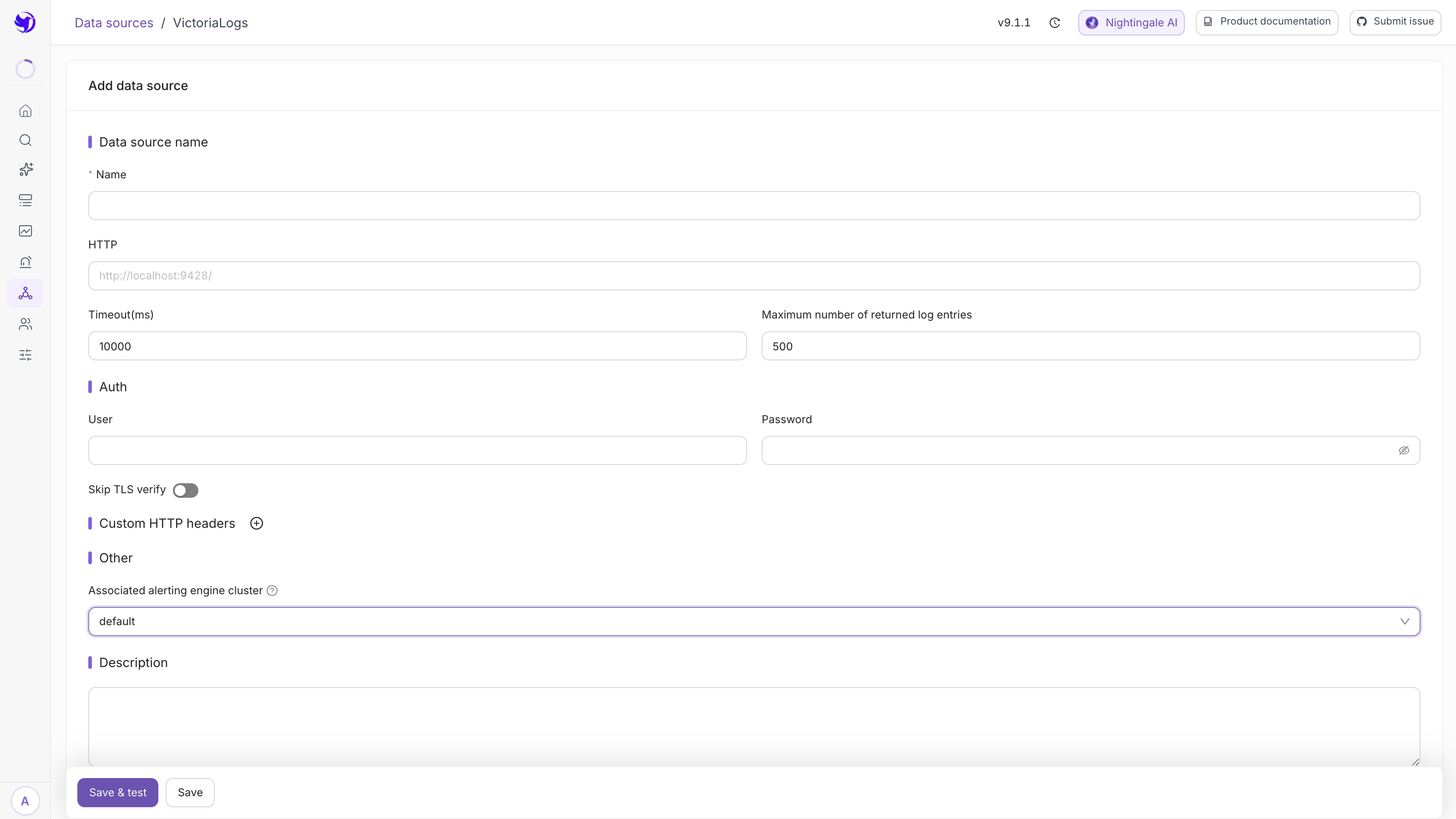 The VictoriaLogs data source form