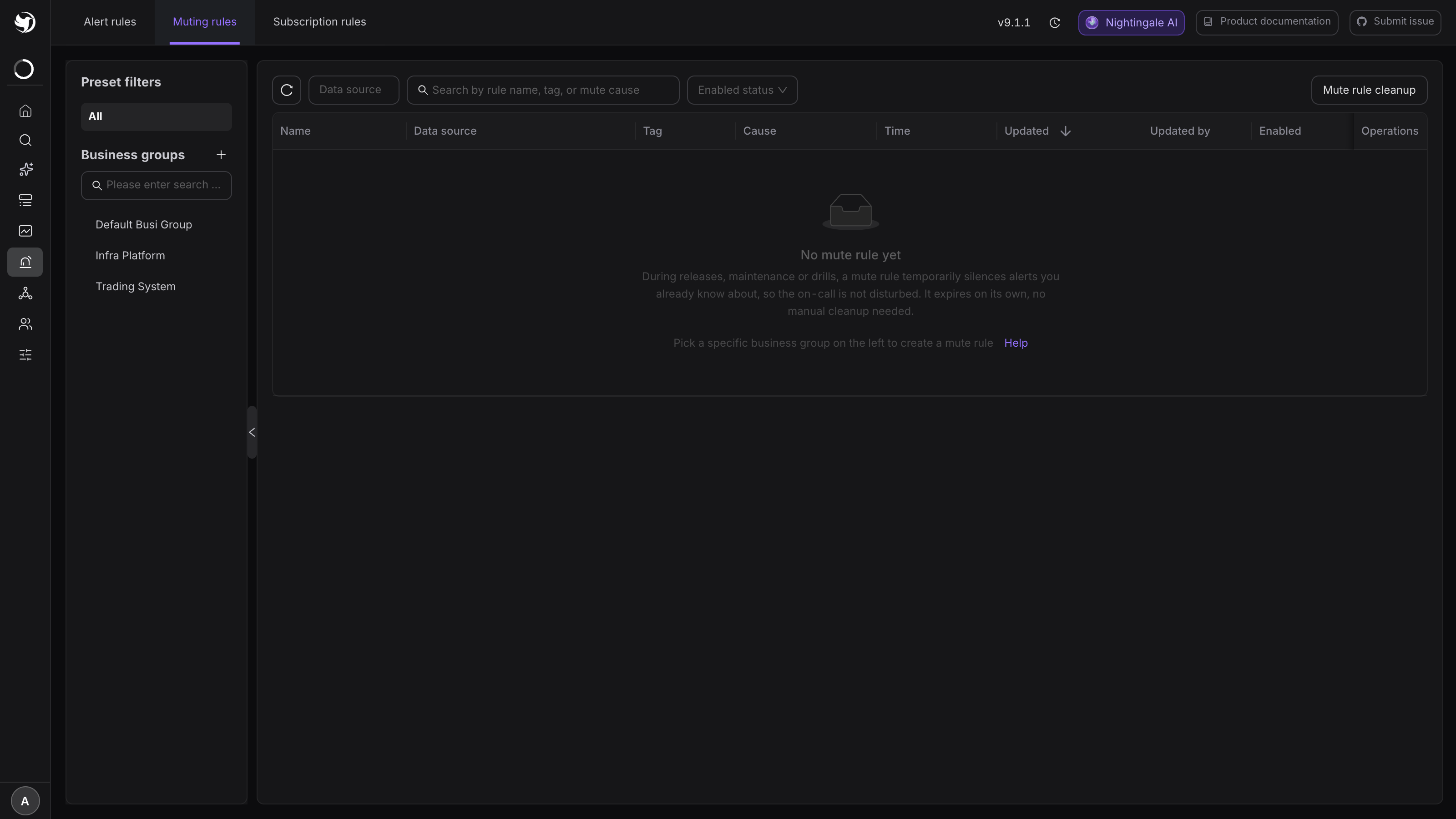 The muting rules list