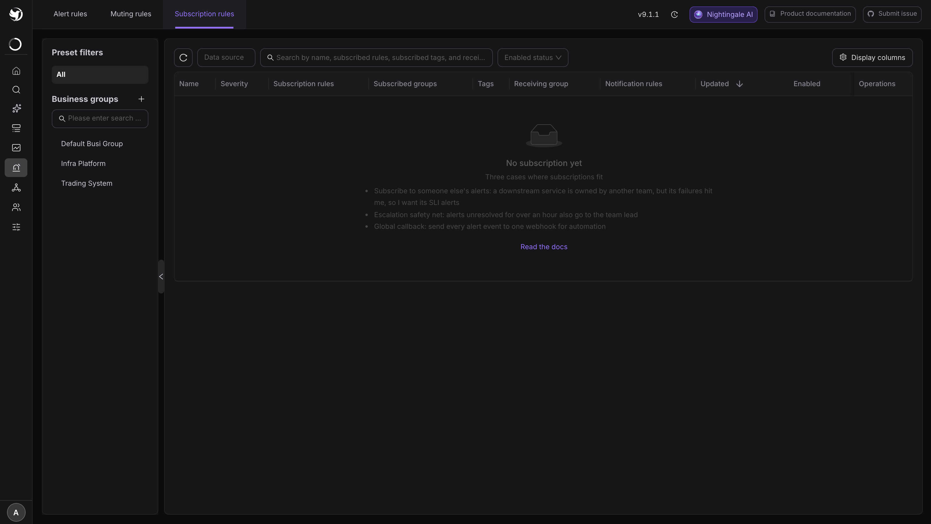 The subscriptions list