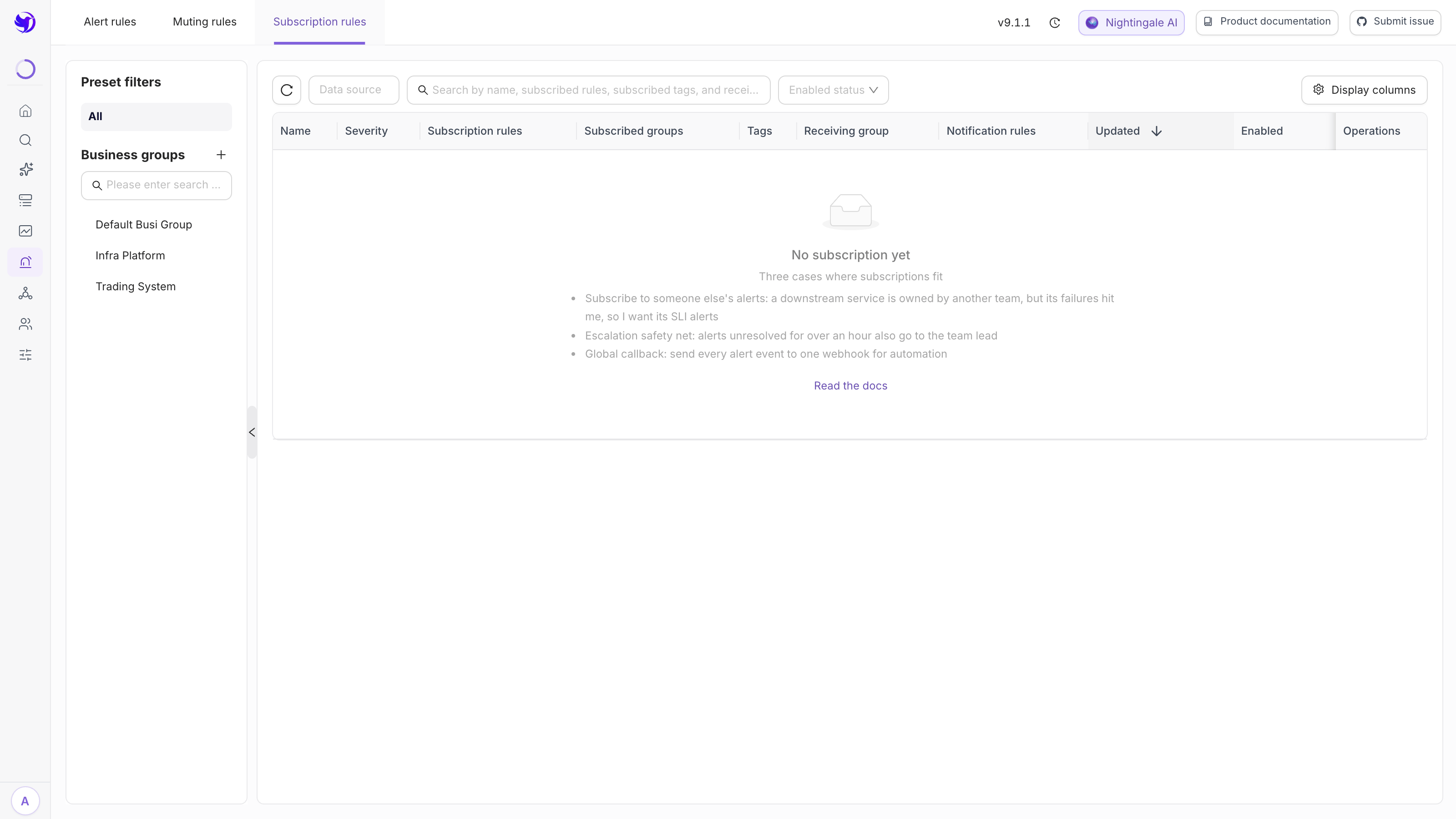 The subscriptions list