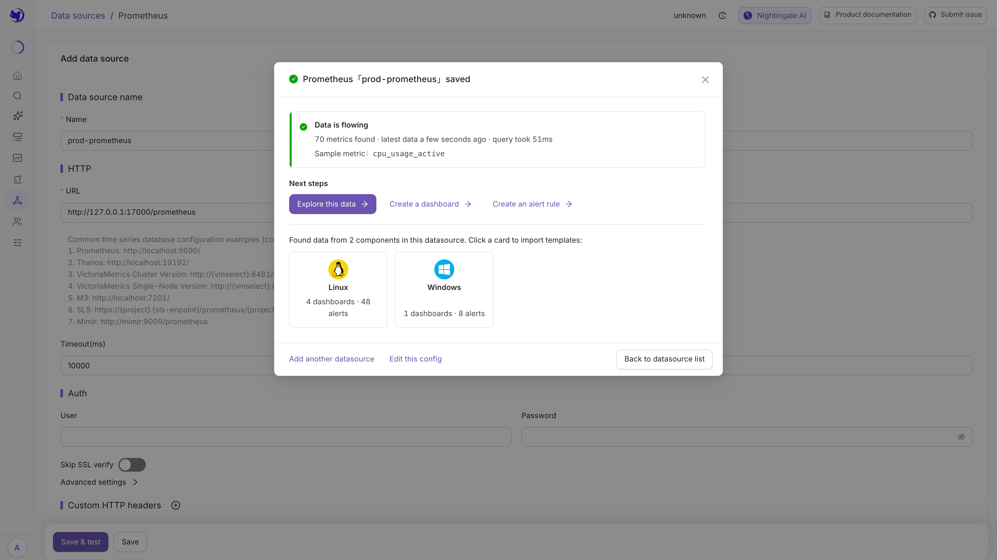 The guided dialog that opens after saving a data source