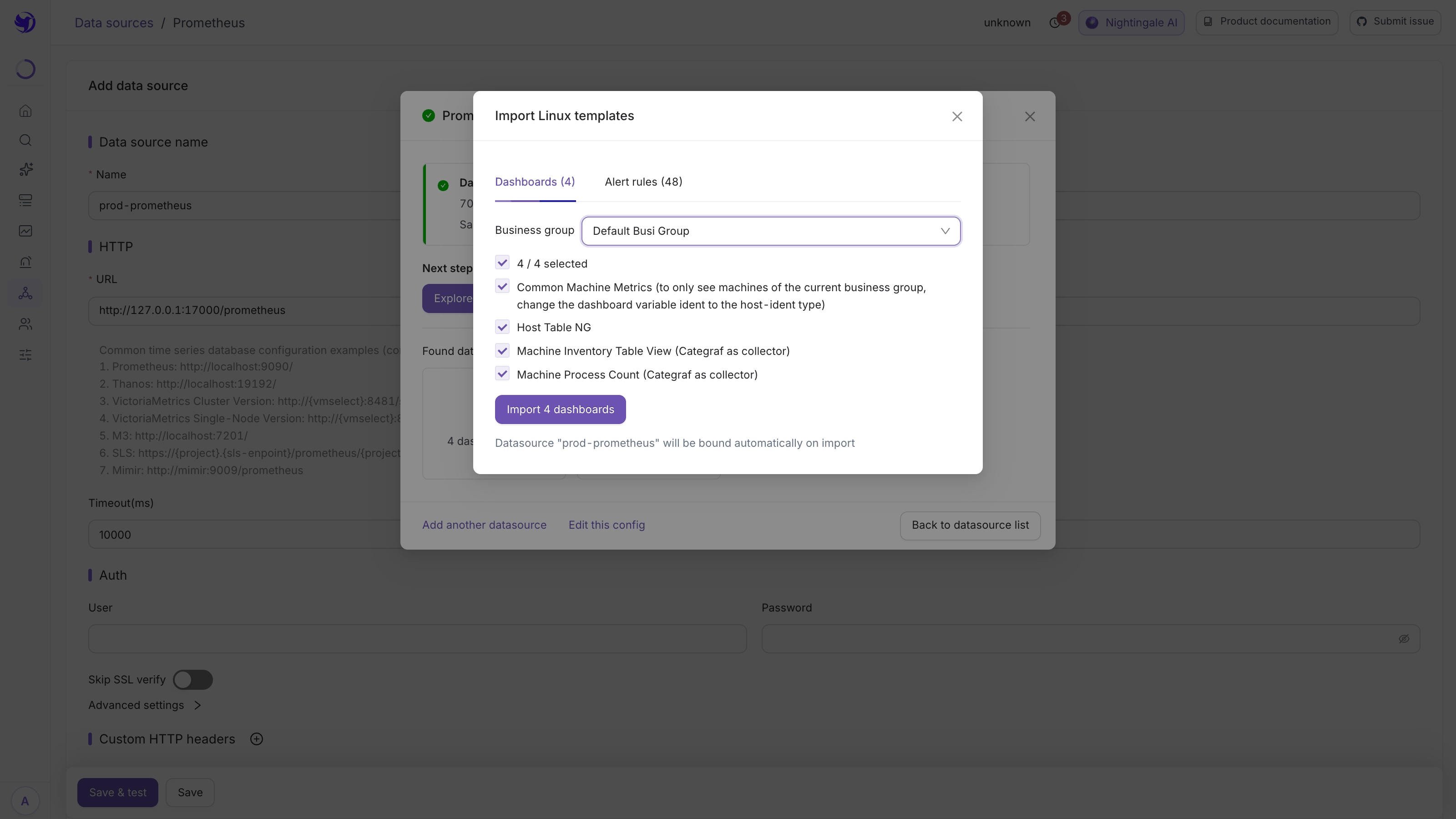 Importing component templates from the data source dialog